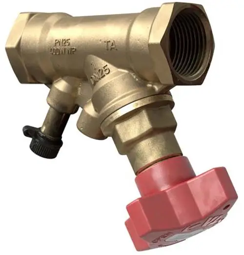 Strangabsperrventil aus Messing mit rotem Drehgriff und seitlichem Anschluss. Produkt von IMI Hydronic Engineering, geeignet für Rohrleitungssysteme.